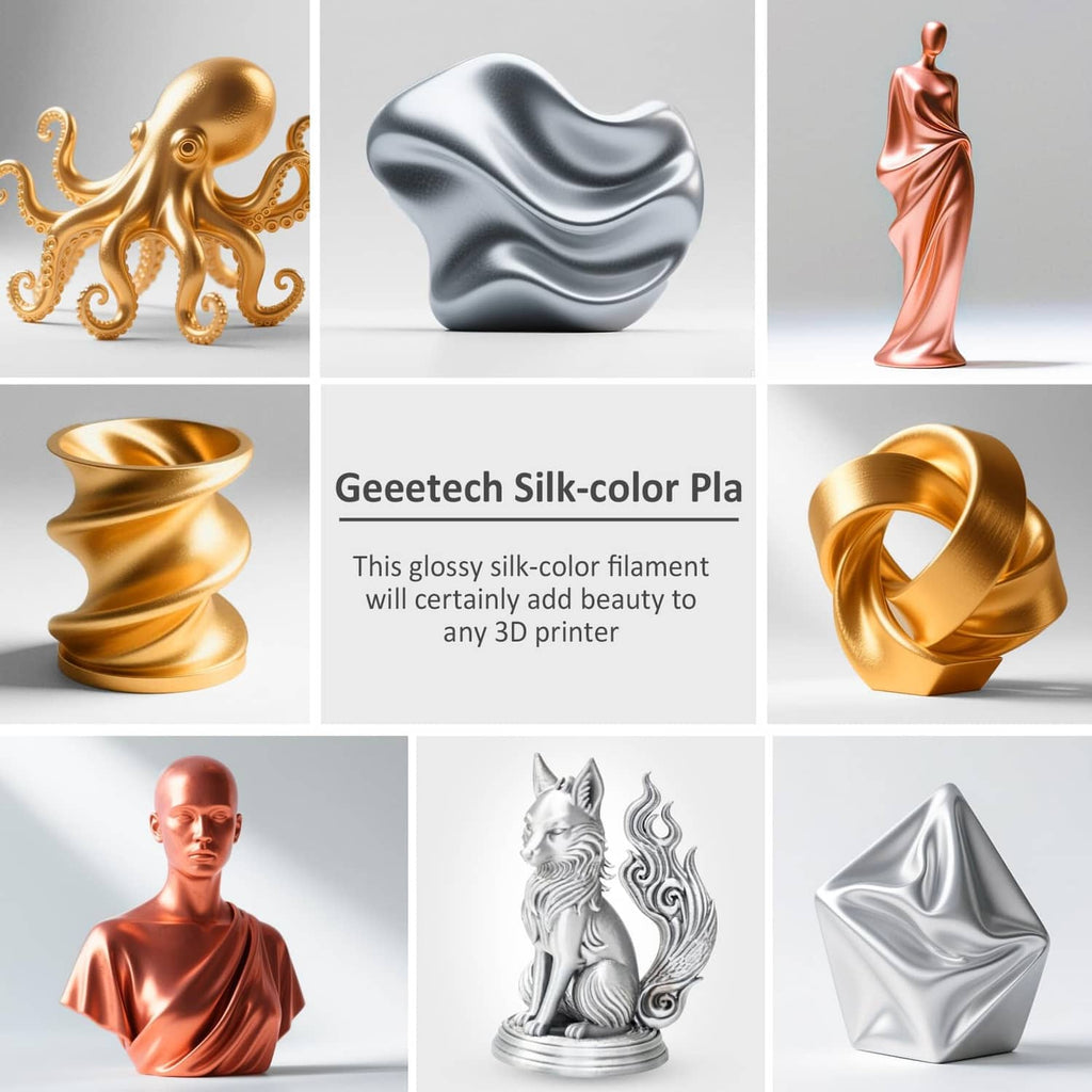 Silk PLA filament sample prints and finished shapes in gold, silver, and copper tones