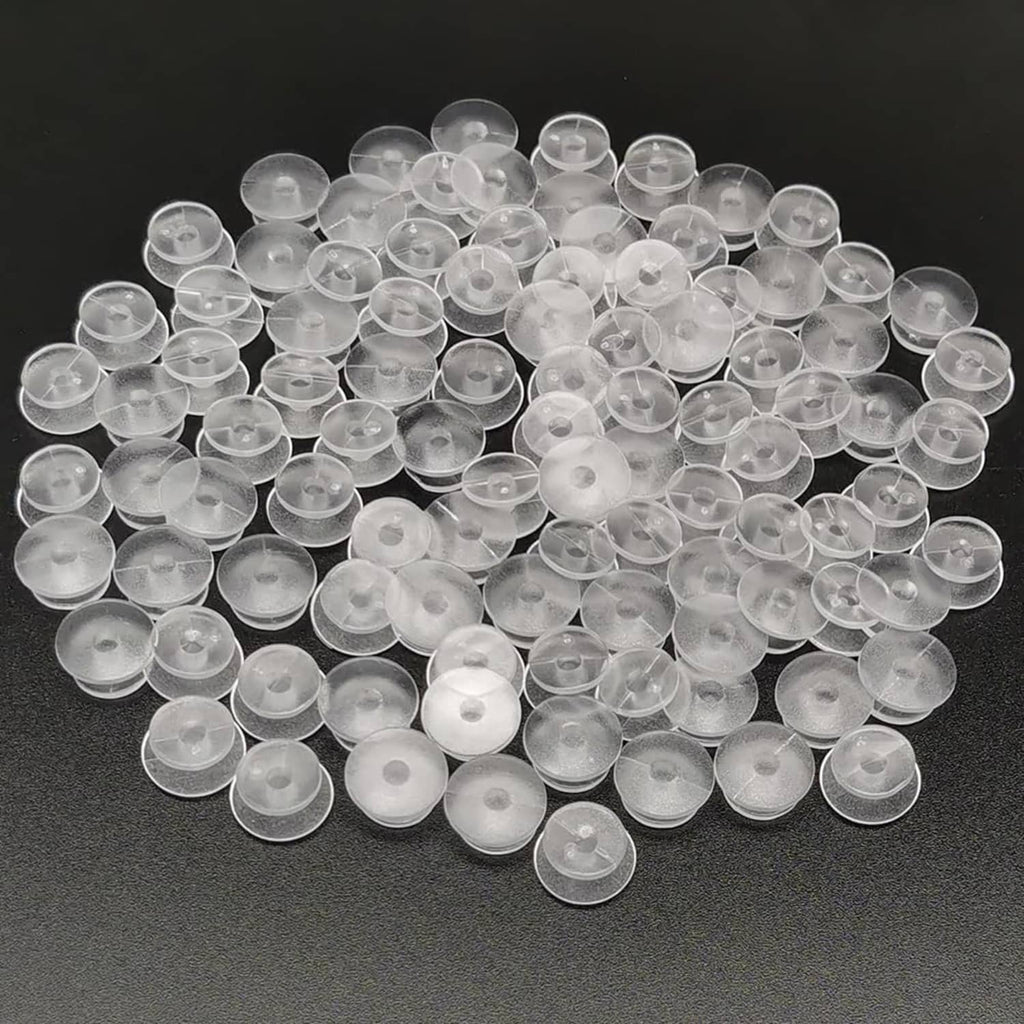 Clear round plastic shoe charm button backs, translucent discs, assorted pile