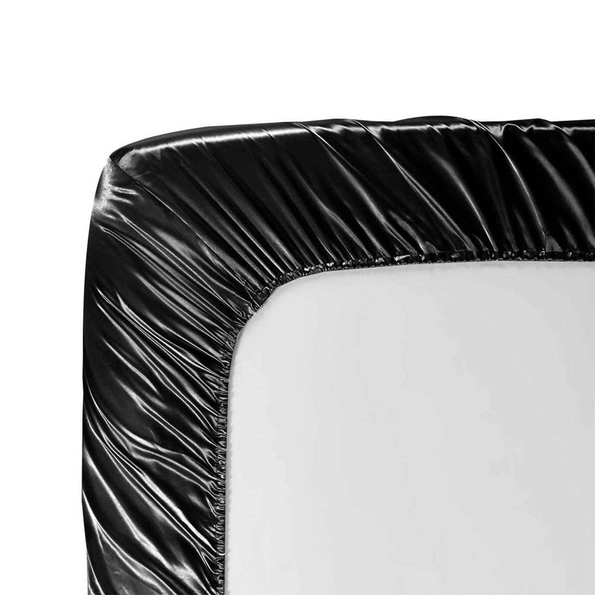 Black satin fitted sheet corner with gathered seam detail, queen size