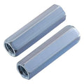 Zinc-plated extended hex coupling nut, open end view, steel threaded insert
