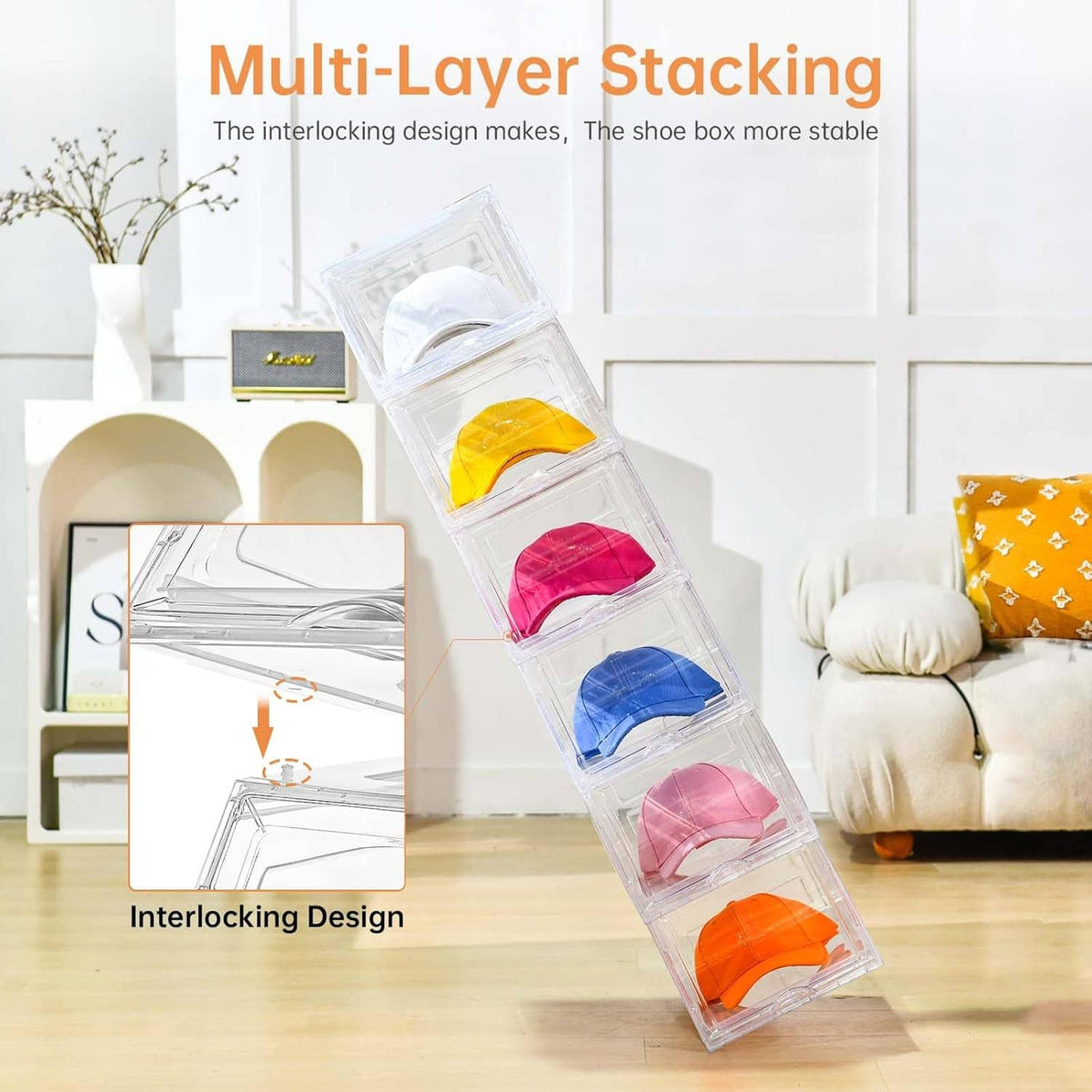 Transparent multi-layer hat organizer with caps in individual clear compartments