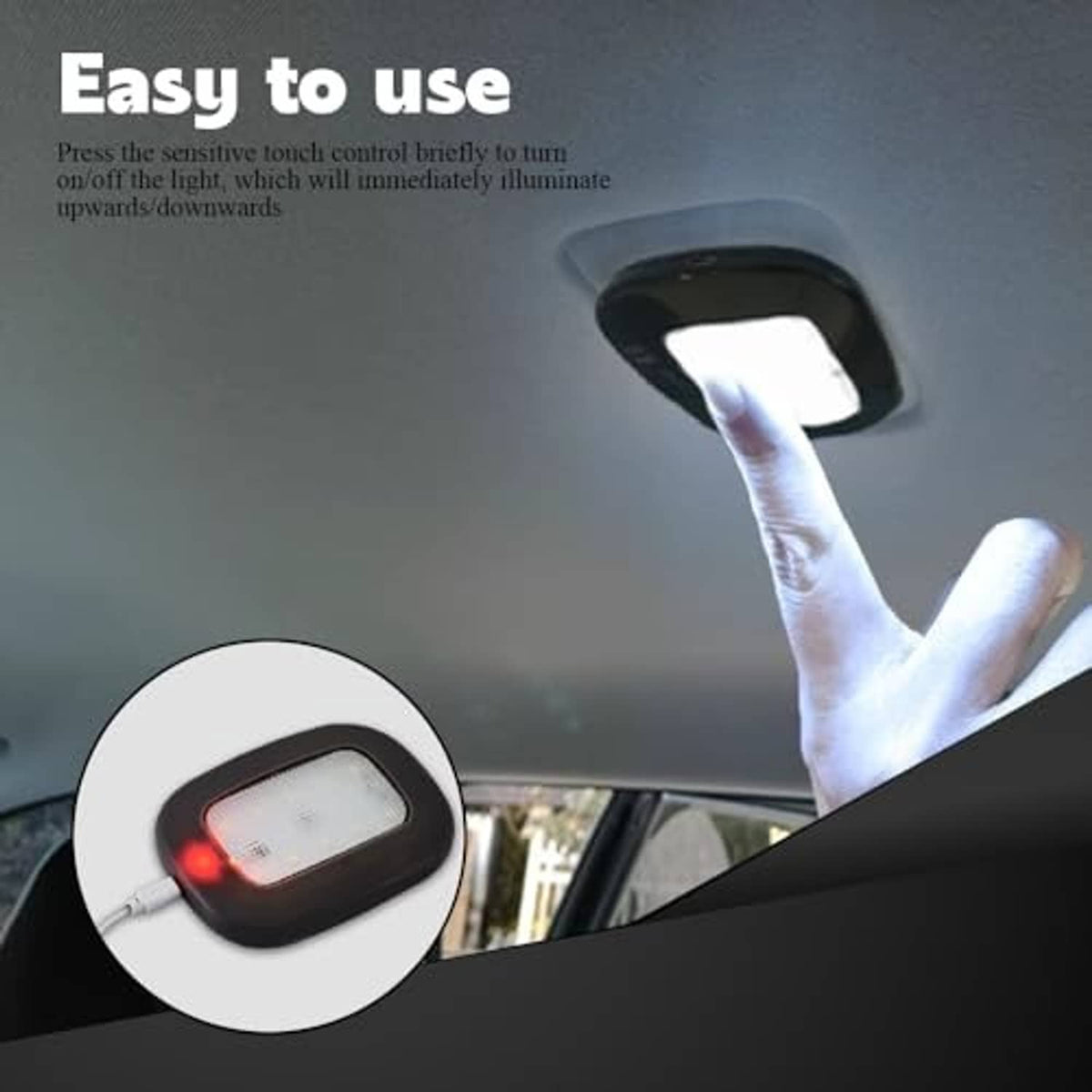 Car ceiling dome LED light with touch control, illuminated white rectangular LED panel