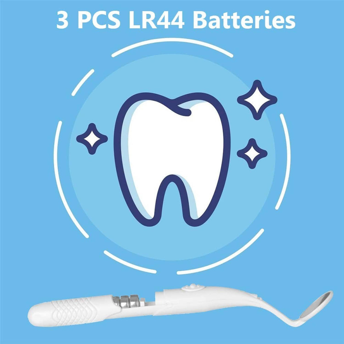Handheld dental mirror with LED light with LR44 batteries, white handle and round mirror