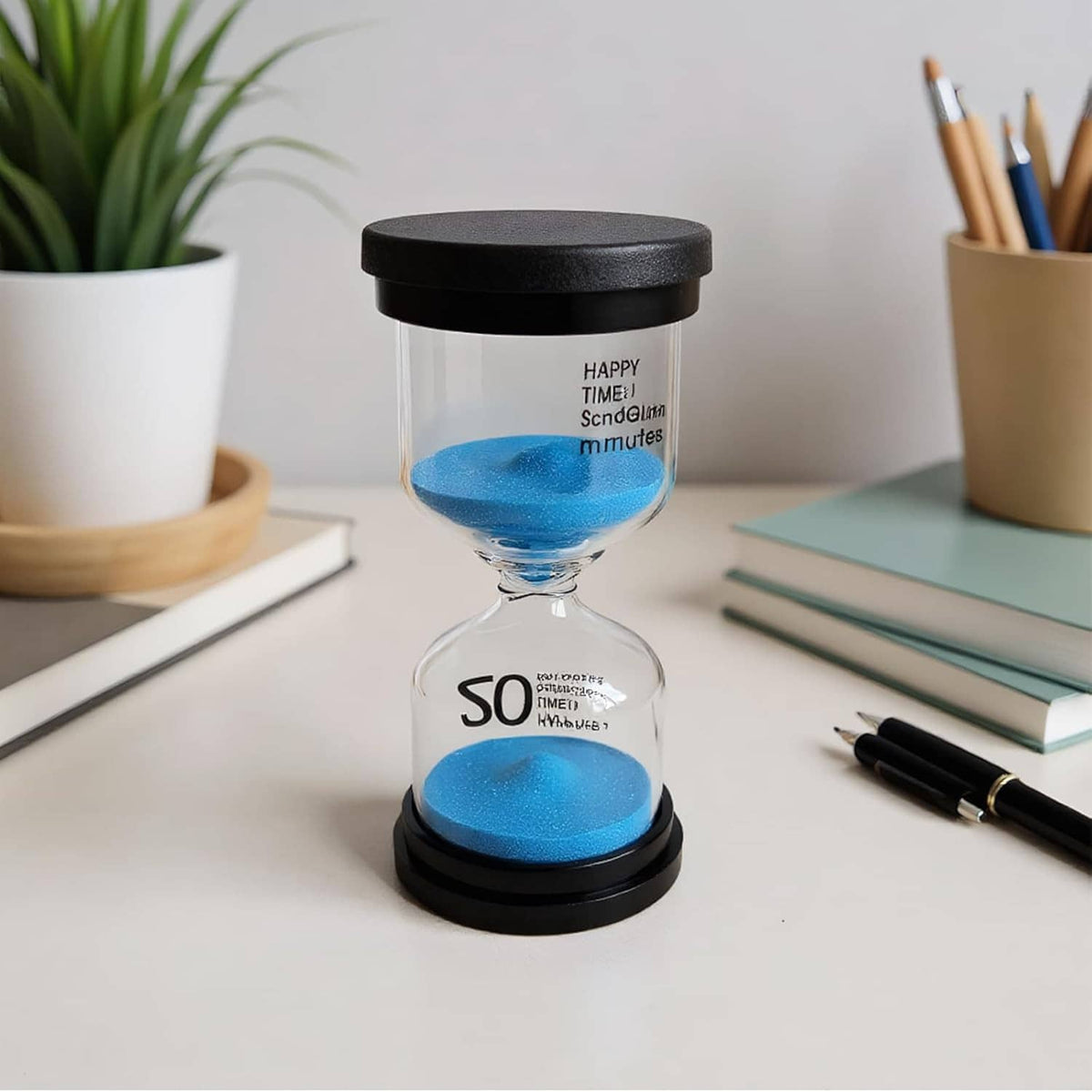 Glass hourglass with blue sand, black cap and base, 50 minutes marking