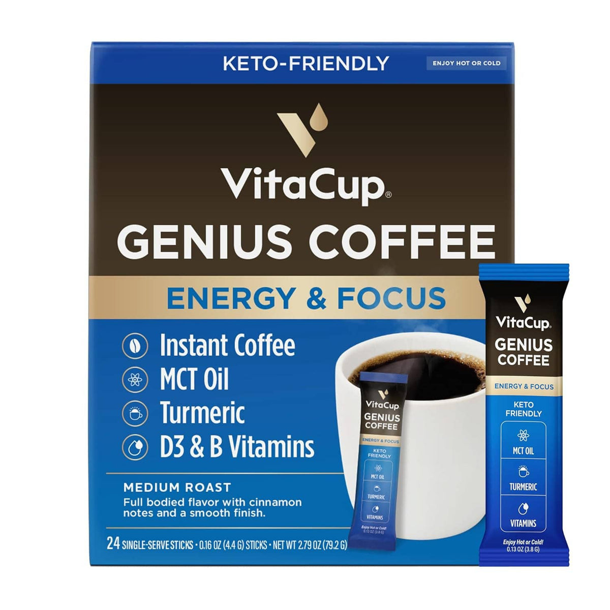 VitaCup Genius Coffee instant coffee packets package with keto-friendly banner and side pouch