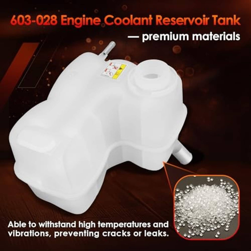 White engine coolant reservoir tank with black cap, outlet tube, and side return