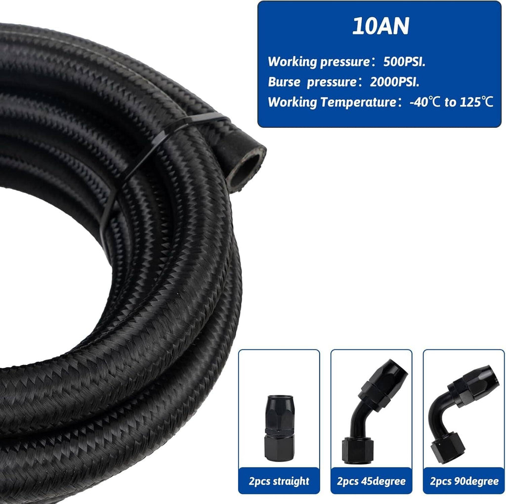 Braided nylon hose coil with angled hose-end fittings for oil catch can system