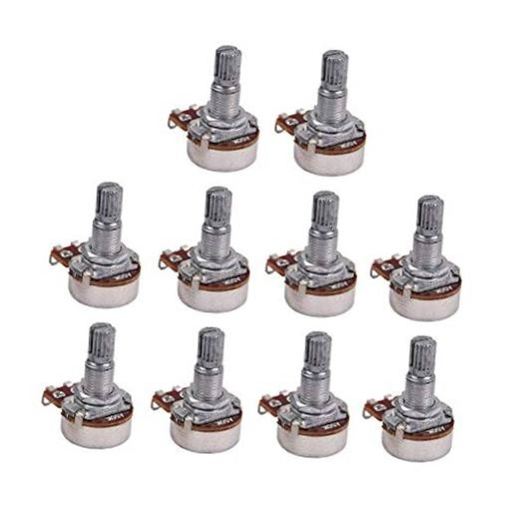 10-pack potentiometers with knurled split shaft and metal body, solder lug terminals