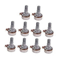 10-pack potentiometers with knurled split shaft and metal body, solder lug terminals