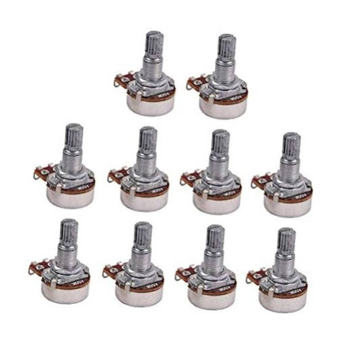 10-pack potentiometers with knurled split shaft and metal body, solder lug terminals