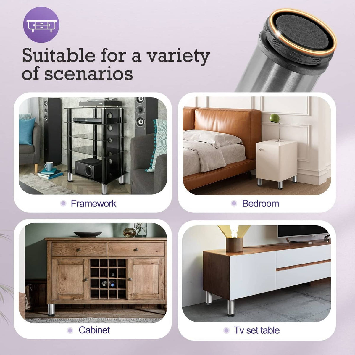 Stainless steel adjustable furniture leg with black rubber base and metal threaded ring