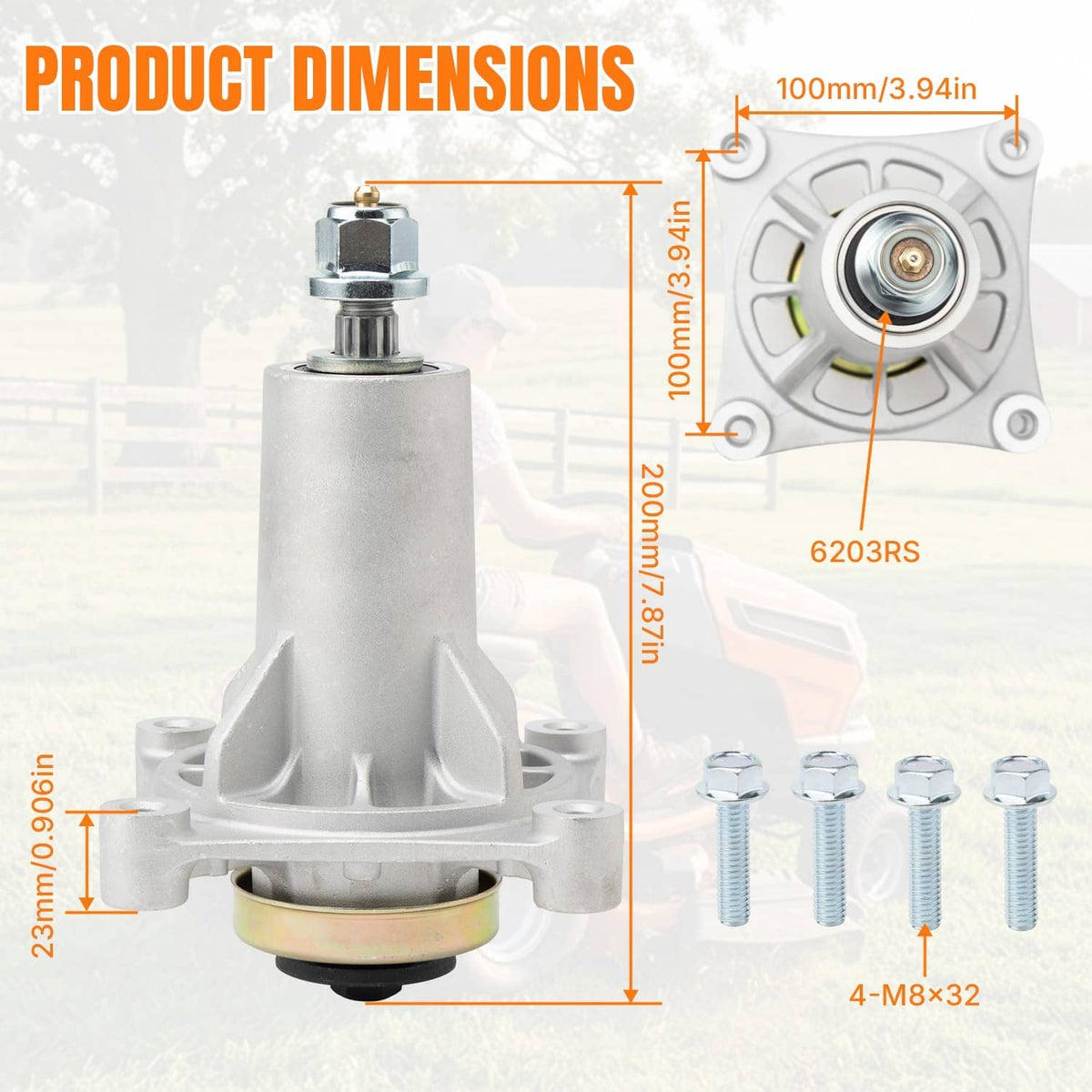 Deck spindle with circular bearing end and mounting base, plus hardware screws included