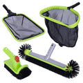 Green pool cleaning kit with two mesh nets and three brush heads with bristles