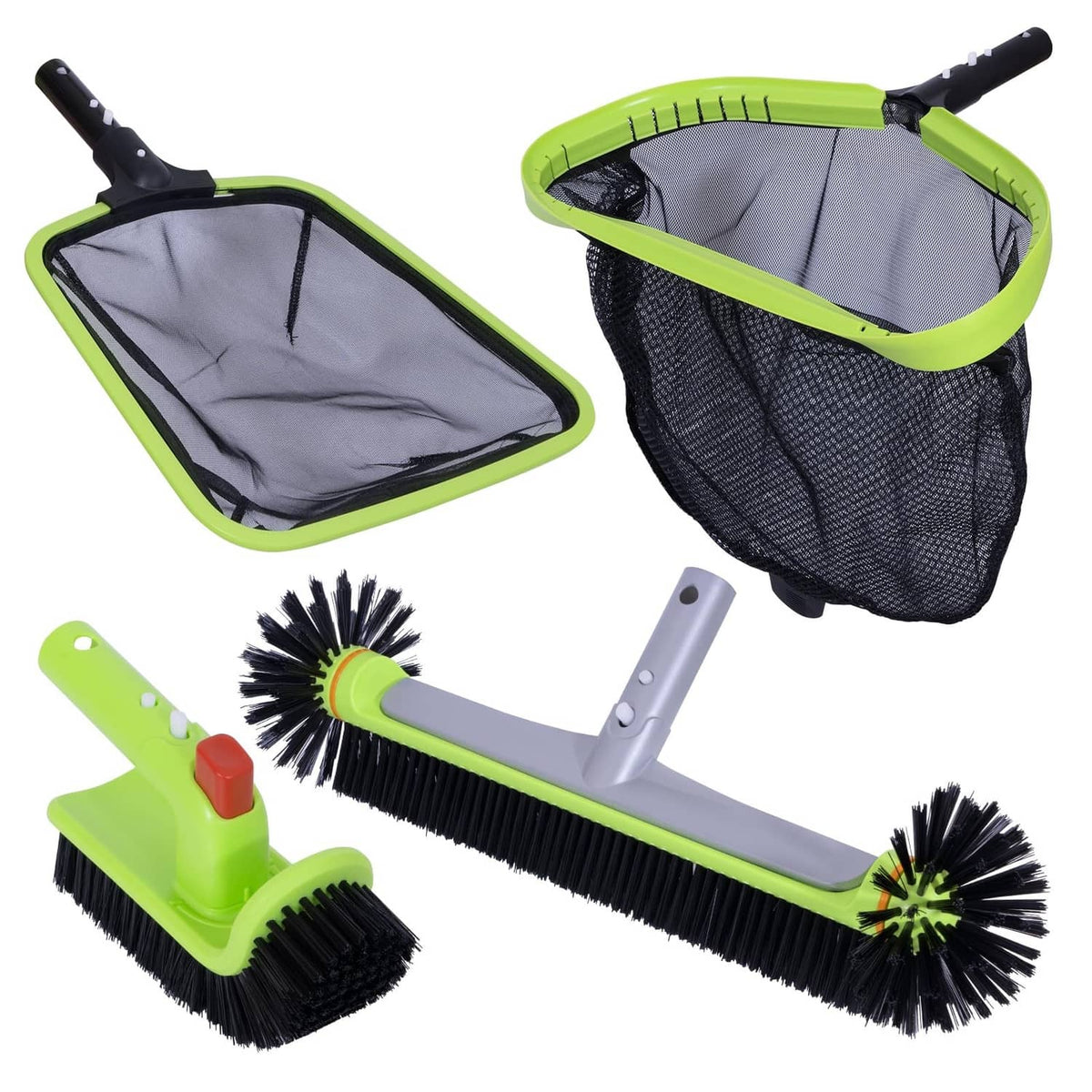 Green pool cleaning kit with two mesh nets and three brush heads with bristles