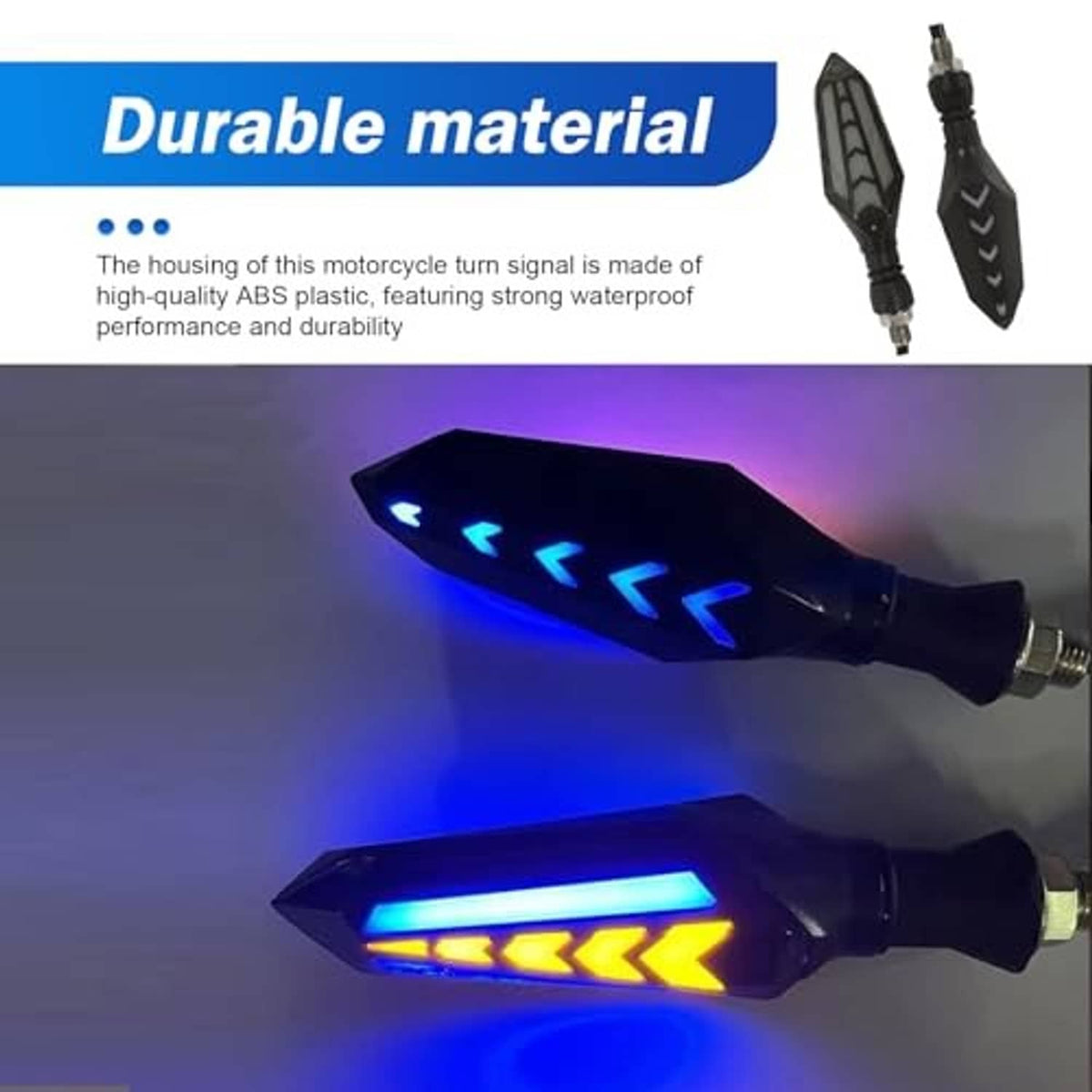 Black LED flow turn signals showing blue and yellow arrow lighting with metal threaded stems