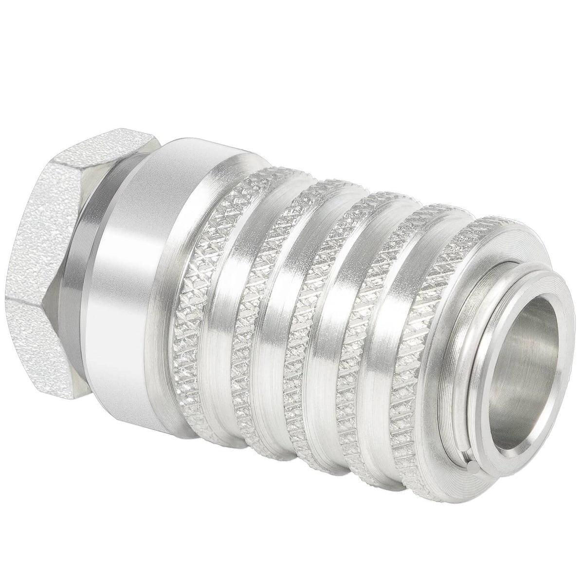 Steel quick coupler angled view with hex connector end and knurled sealing rings