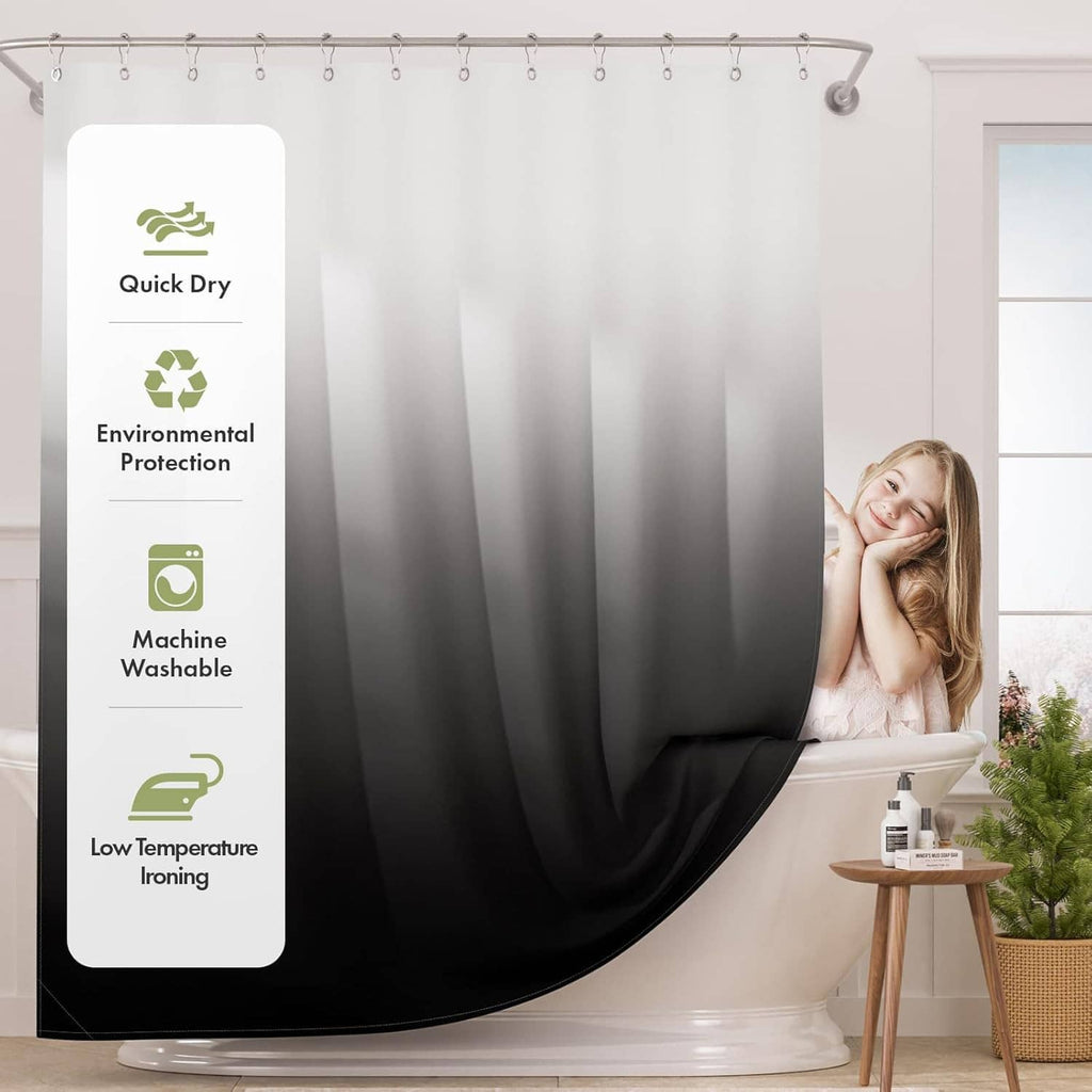 Cloth ombre shower curtain with quick-dry, machine-washable fabric in black gradient