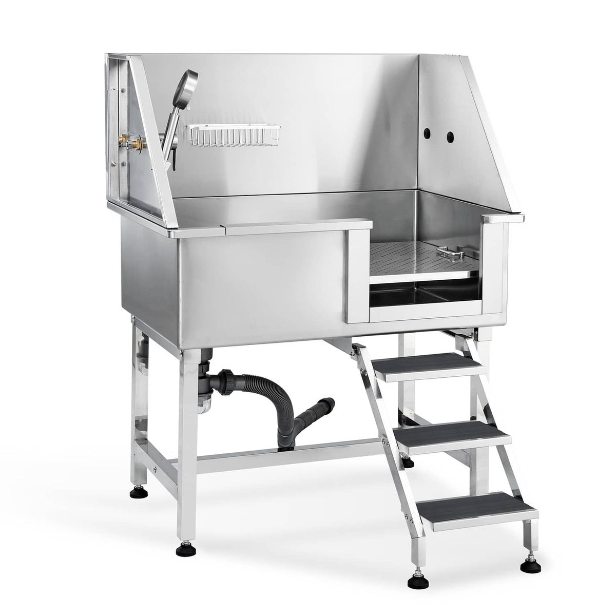 Stainless steel pet grooming bath tub with side ramp stairs and built-in drain