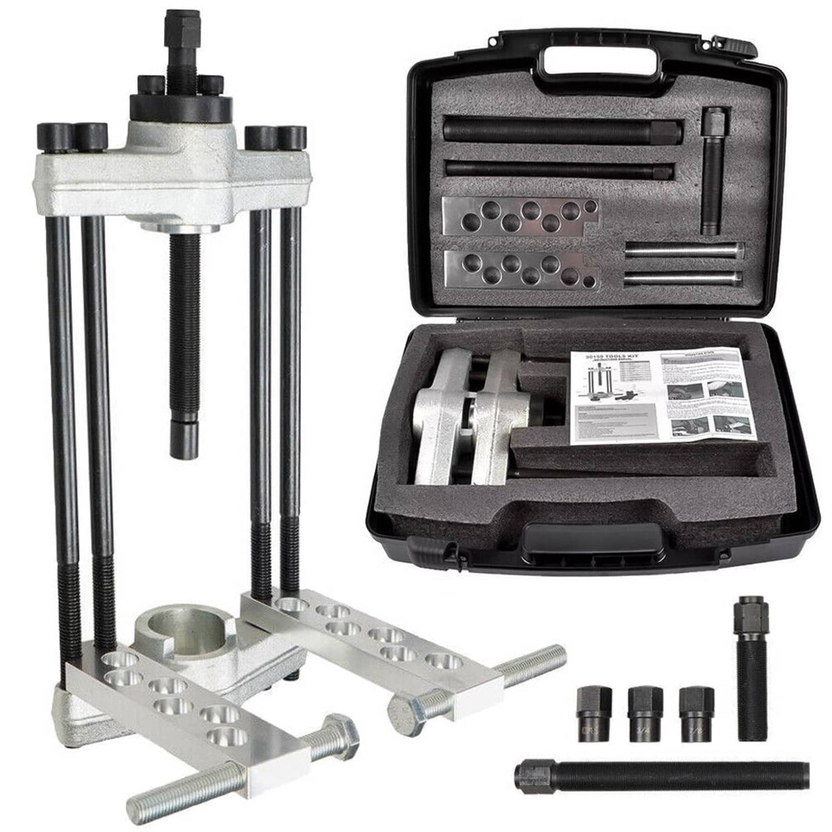 Kingpin press removal tool with parts, open black case, and adapter sockets