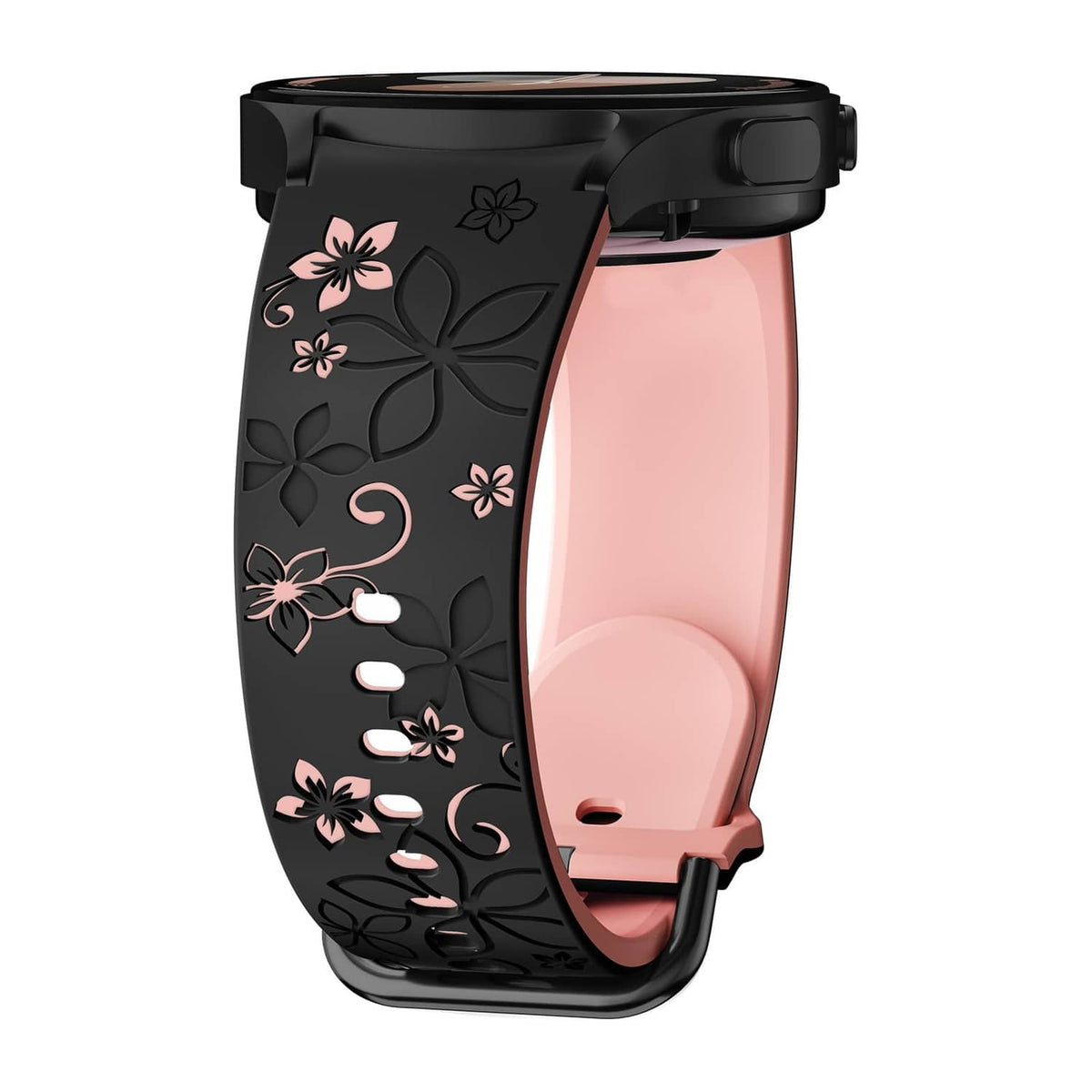 Black smartwatch band with engraved flower and butterfly details, pink accents