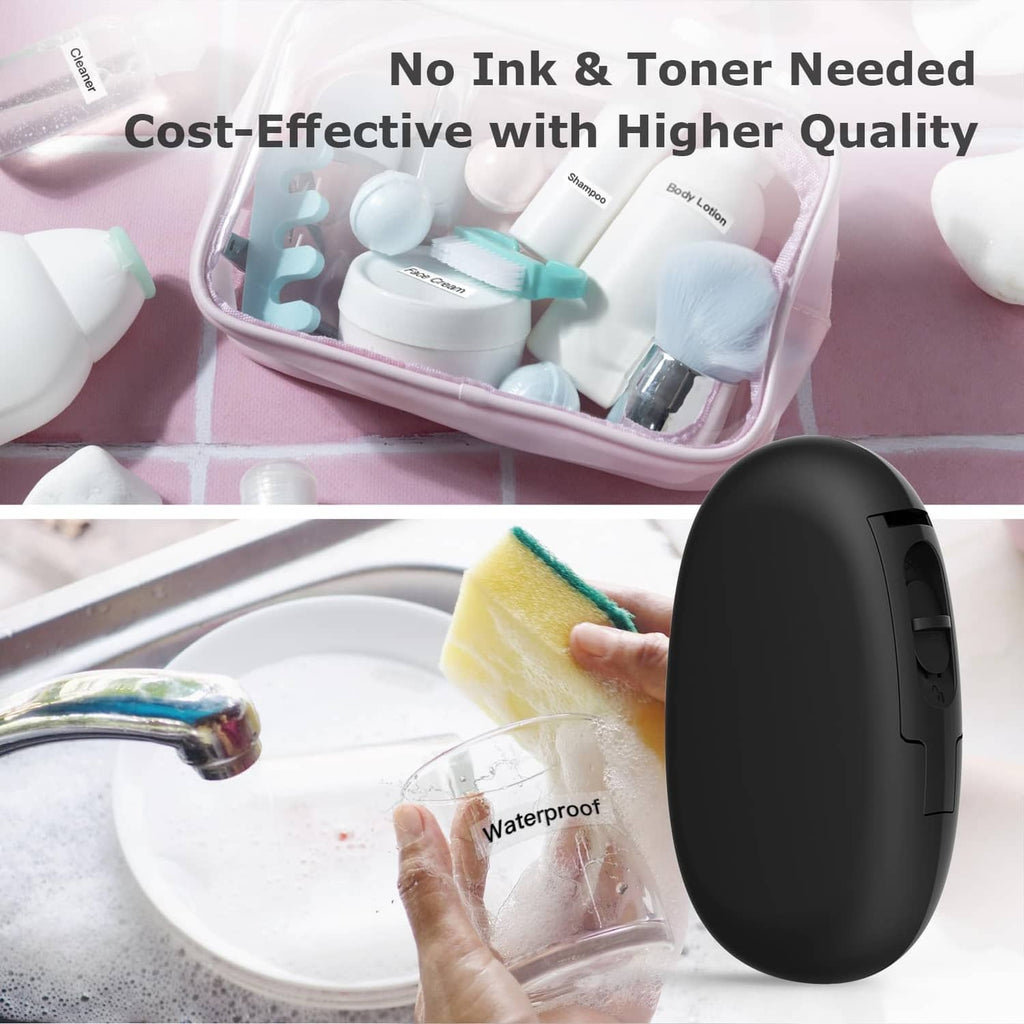 Black label maker near running water, handheld device for waterproof use