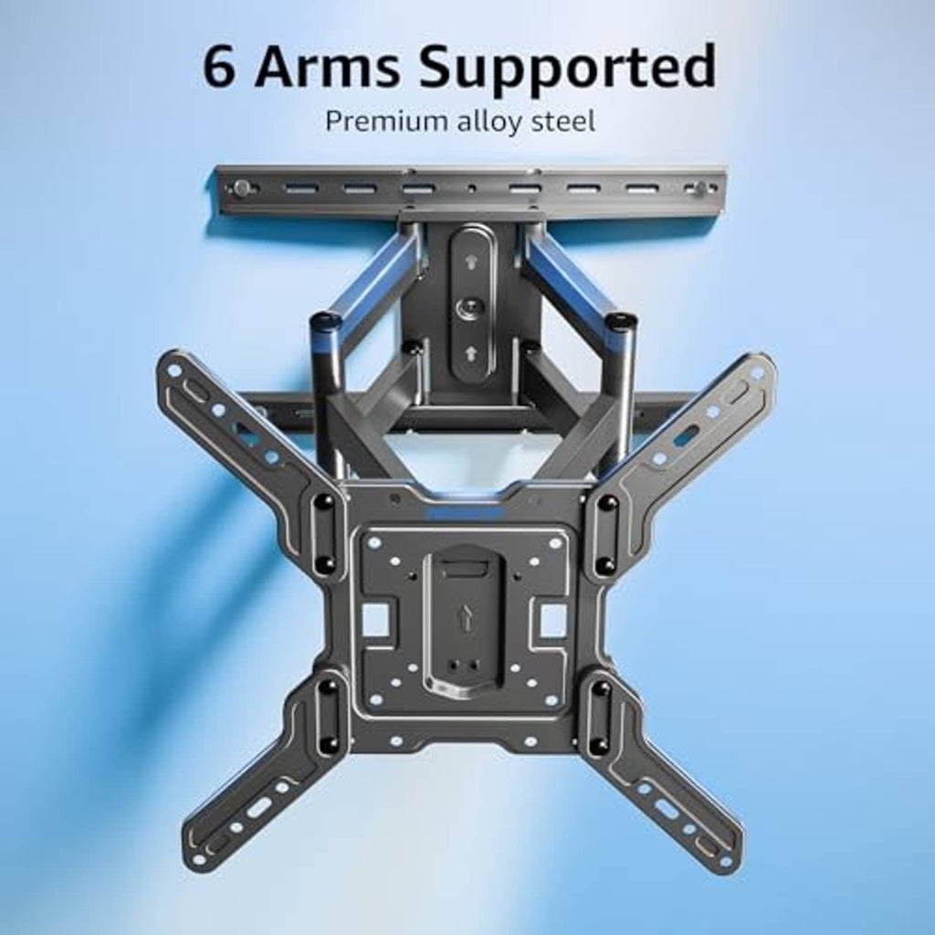 Ultra-slim TV wall mount with six-arm design, black metal bracket