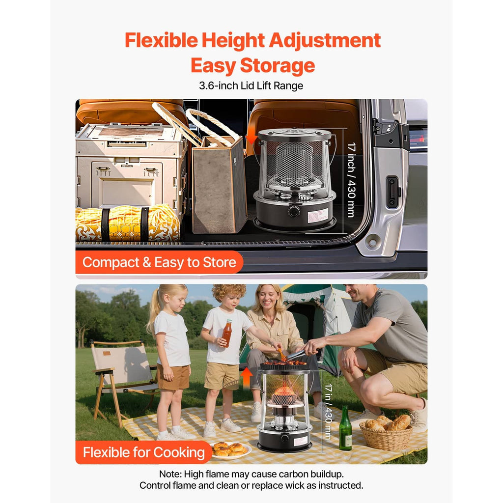 Portable kerosene heater stove with adjustable height and compact storage, shown in a cabinet