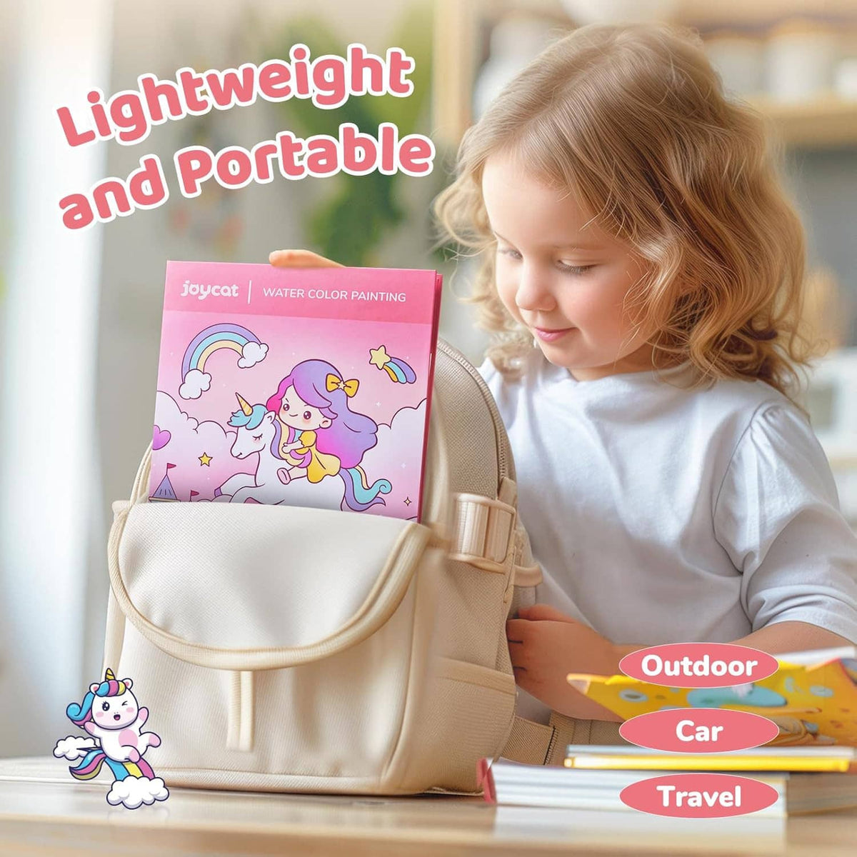Kids watercolor painting kit with book in a portable bag, child holding and smiling