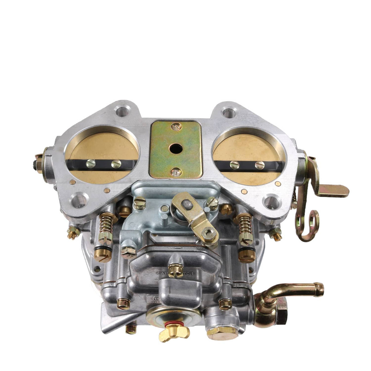 Twin-choke carburetor top view with two brass throttle bores and linkage