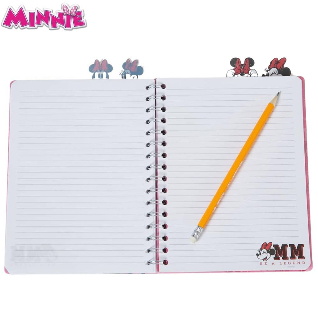 Minnie Mouse spiral notebook open to lined pages with pencil and pink spine.