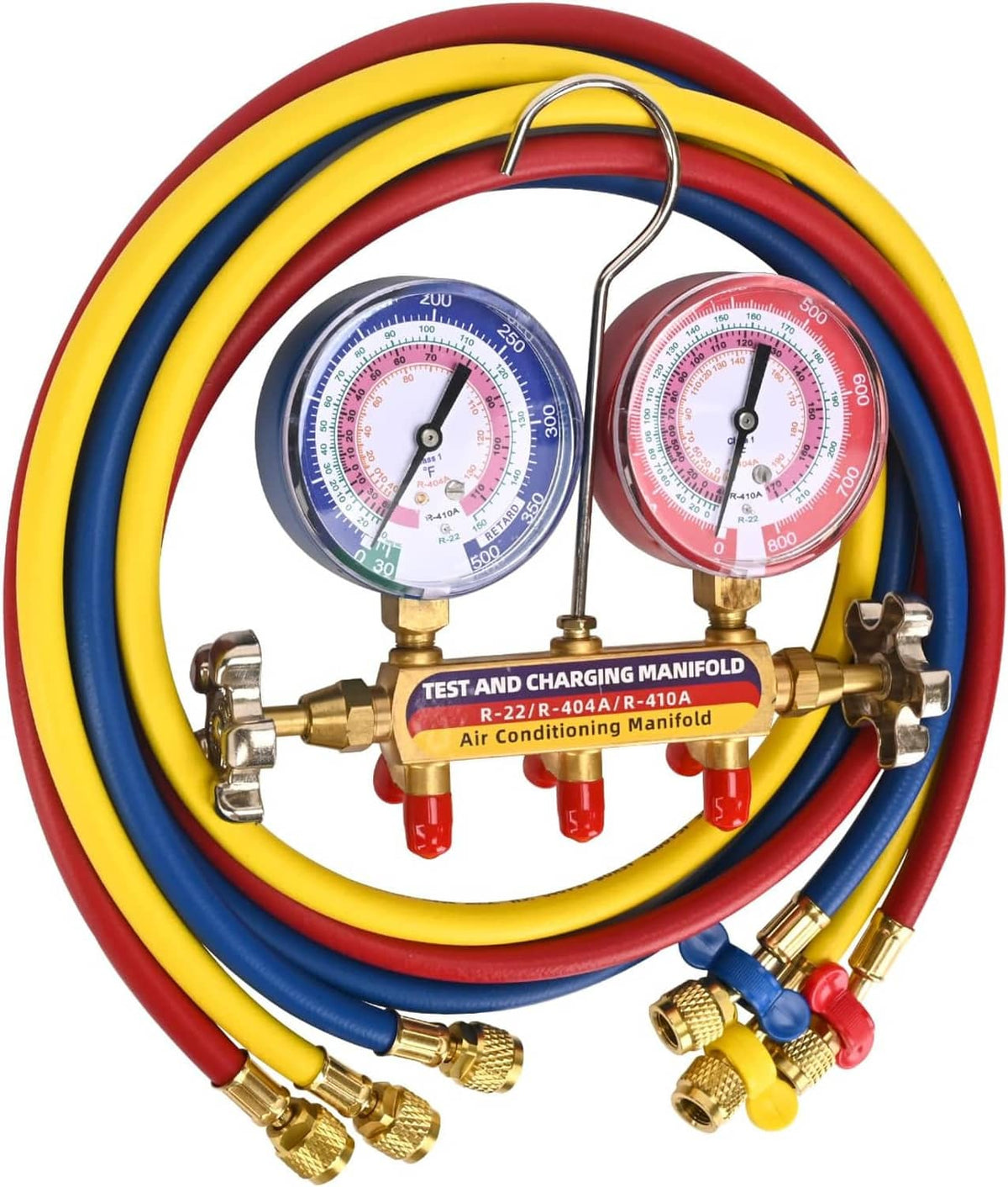 HVAC manifold set with two gauges on brass manifold, multicolor charging hoses