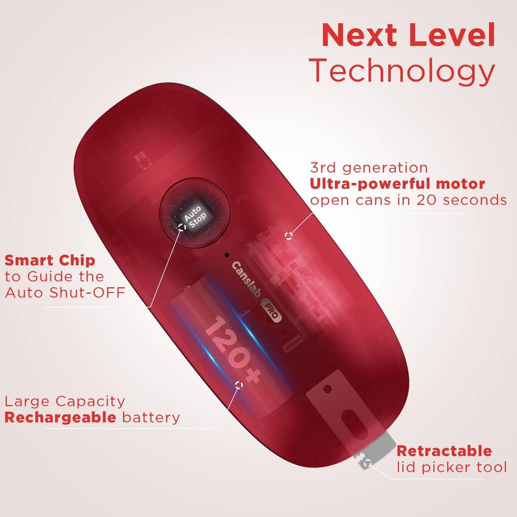 Red electric can opener with retractable lid lifter tool and auto shut-off control
