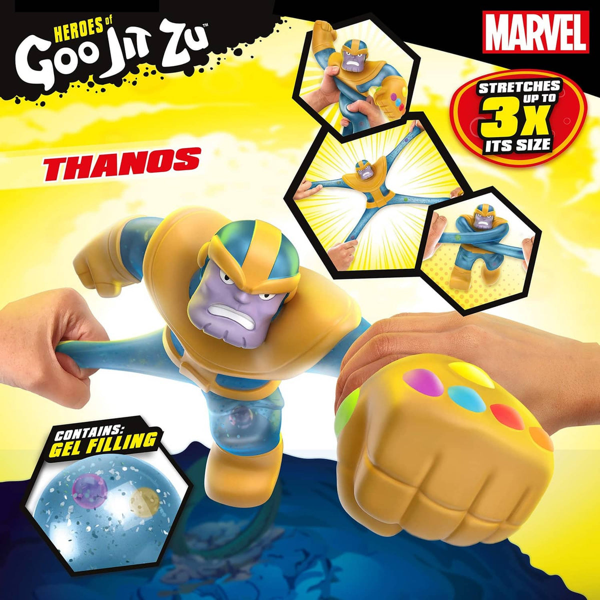 Thanos stretchy action figure package showing blue-and-gold character in motion poses