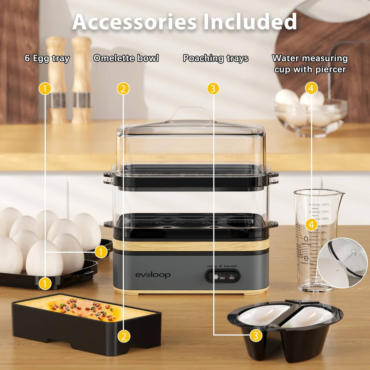 Electric egg cooker with included egg tray, omelette bowl, poaching trays, measuring cup