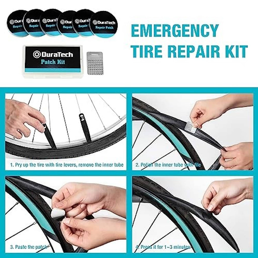 Emergency tire repair patch kit with DuraTech patches and tire lever tools