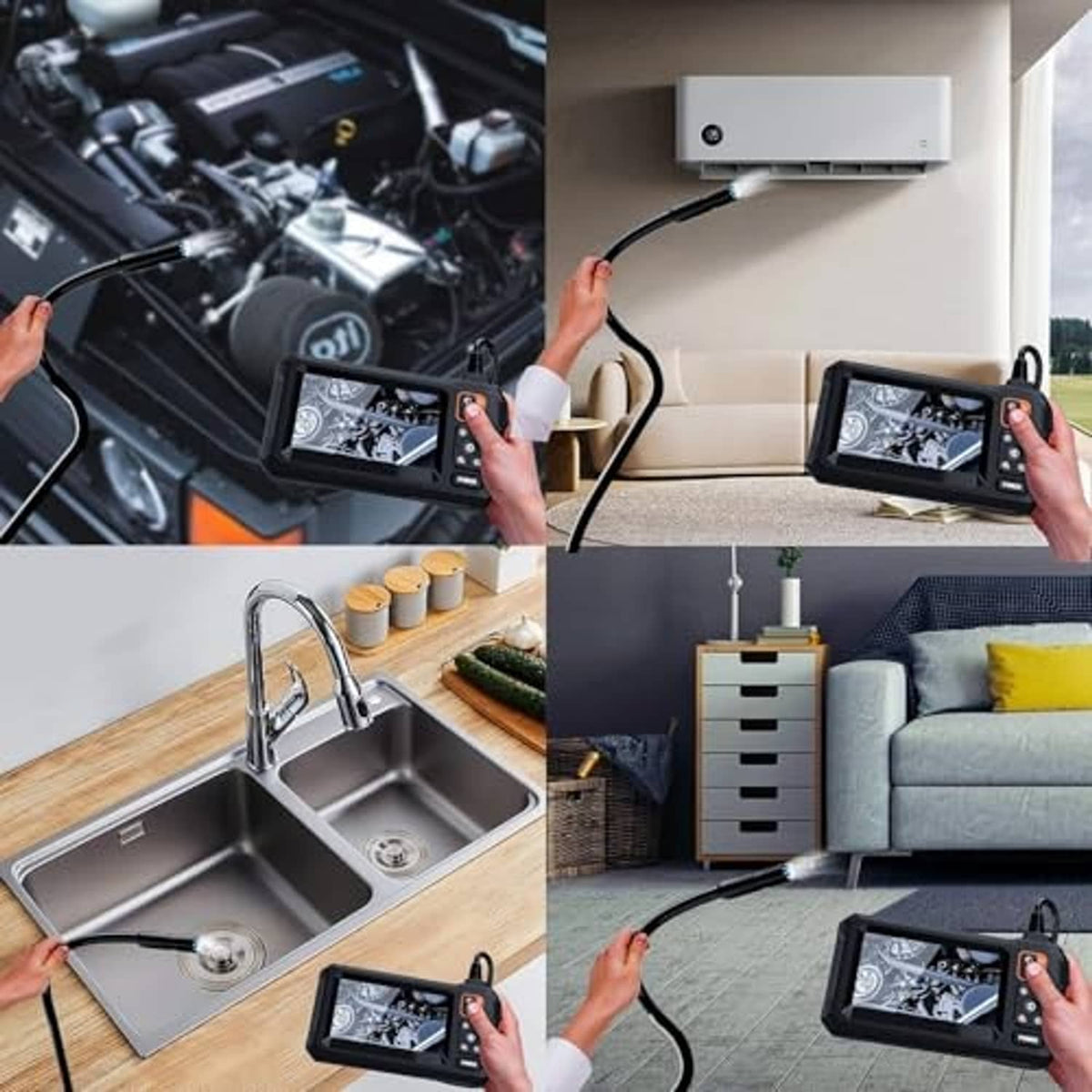 Endoscope camera inspection kit with handheld monitor and flexible probe shown in car and home