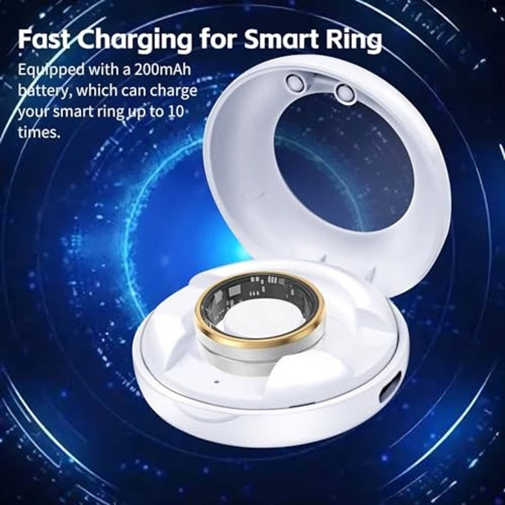 White smart ring charging case open with ring seated on the charging dock