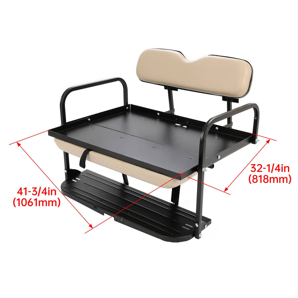 Tan flip-fold rear seat kit showing black base platform and padded backrest