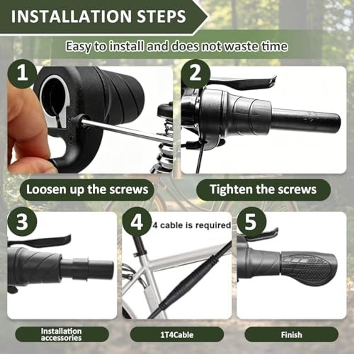 Half-twist throttle installation steps showing screws, cable, and textured black grip