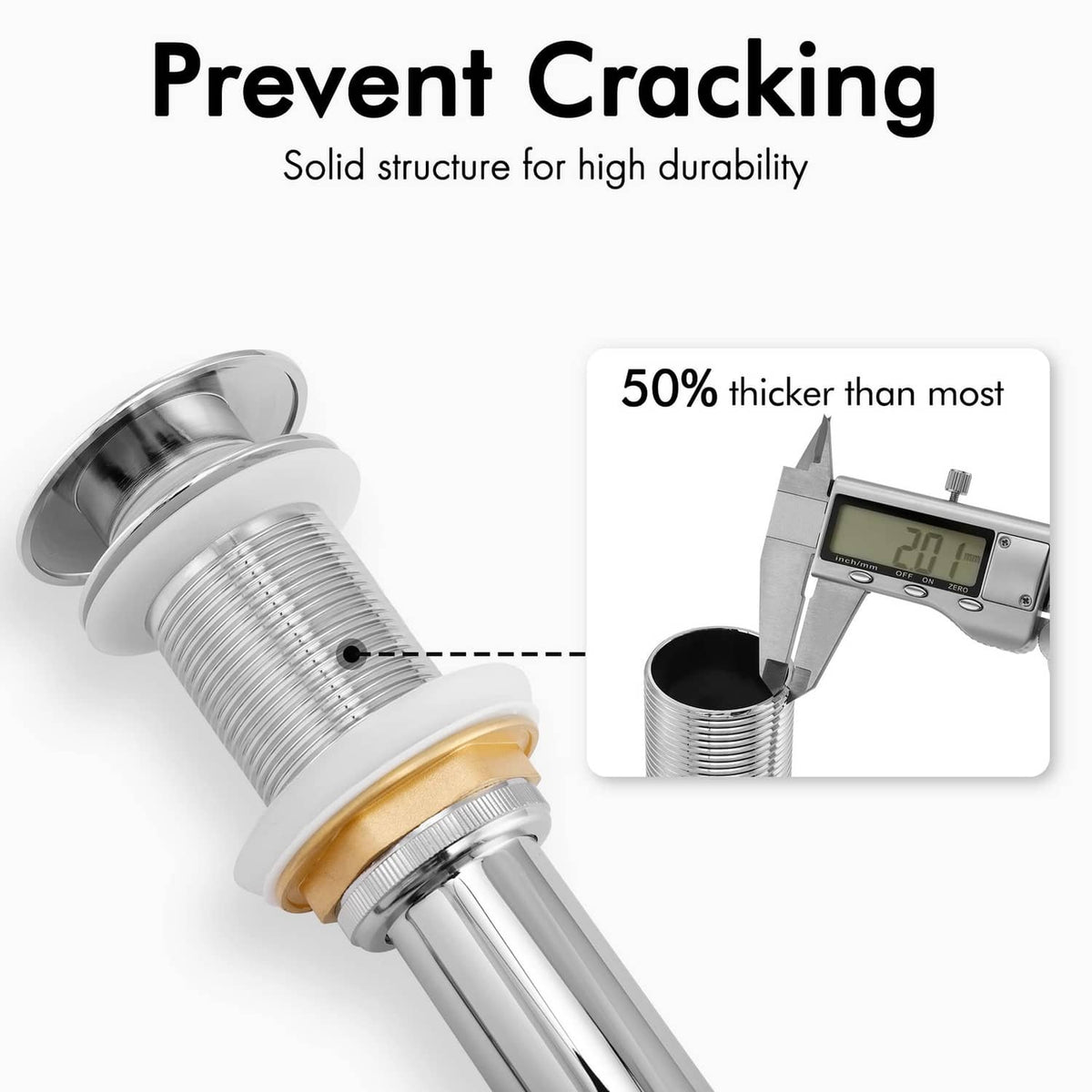Chrome pop-up drain with thick metal spring connector and wide cap, no overflow