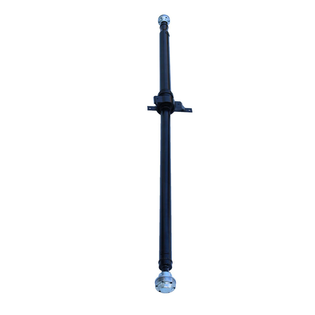 Rear driveshaft prop shaft assembly vertical view with end cap and bracket mount
