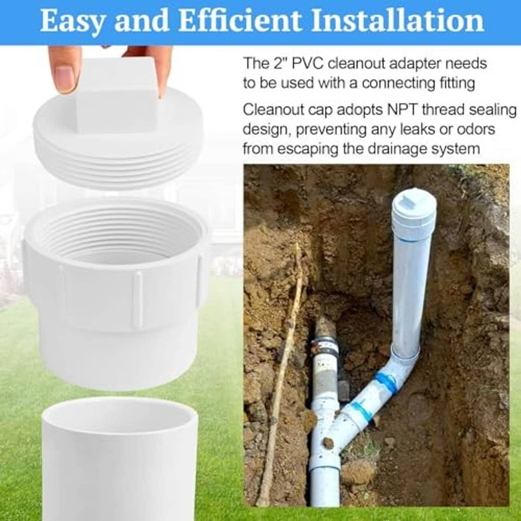 White PVC 2-inch sewer cleanout adapter with plug cap, shown for drainage connection