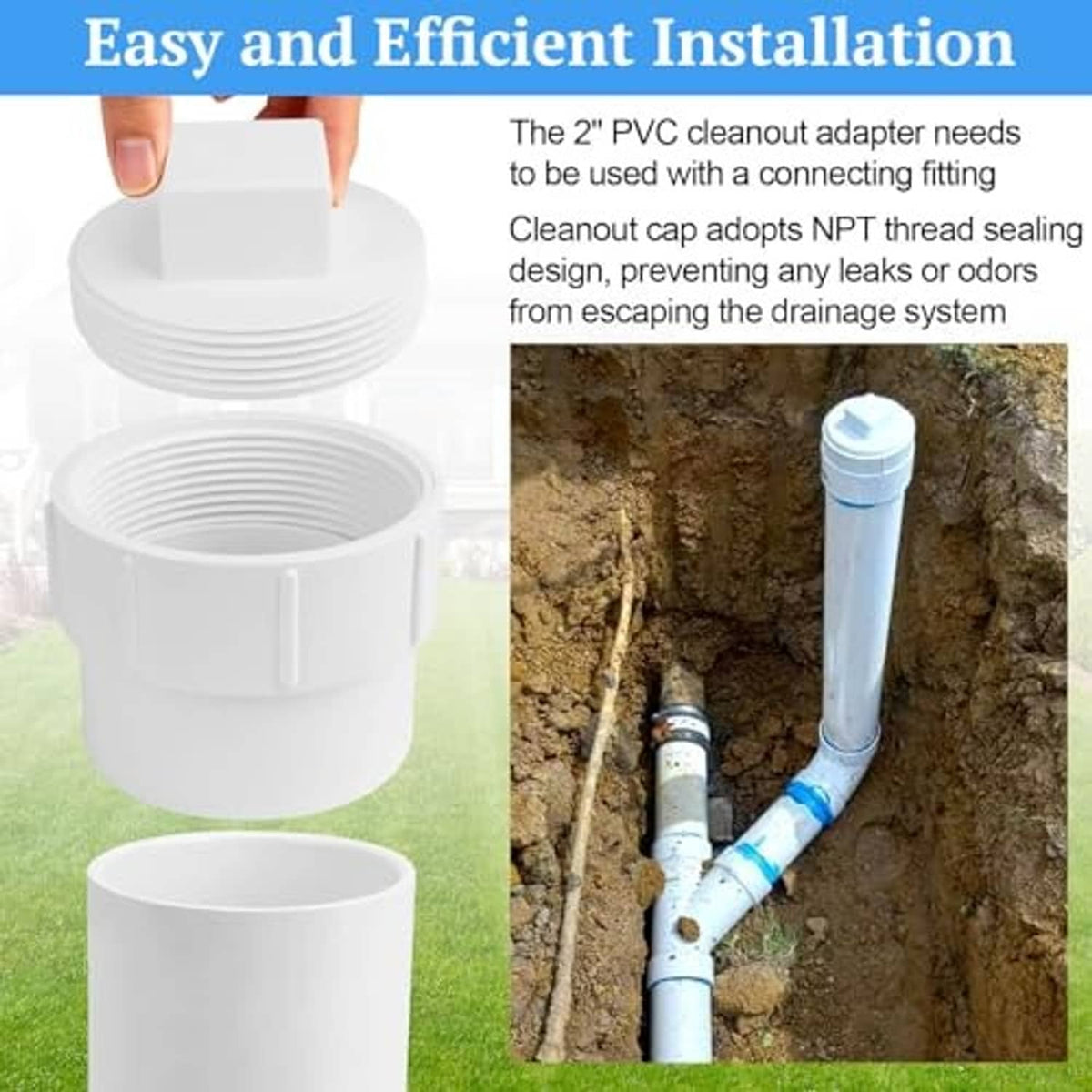 White PVC 2-inch sewer cleanout adapter with plug cap, shown for drainage connection