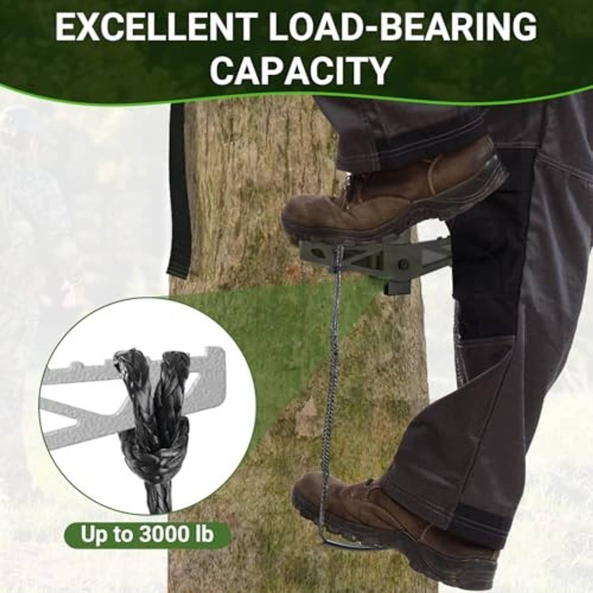 Hunting climbing stick aider securing a boot to a tree with black cable loops