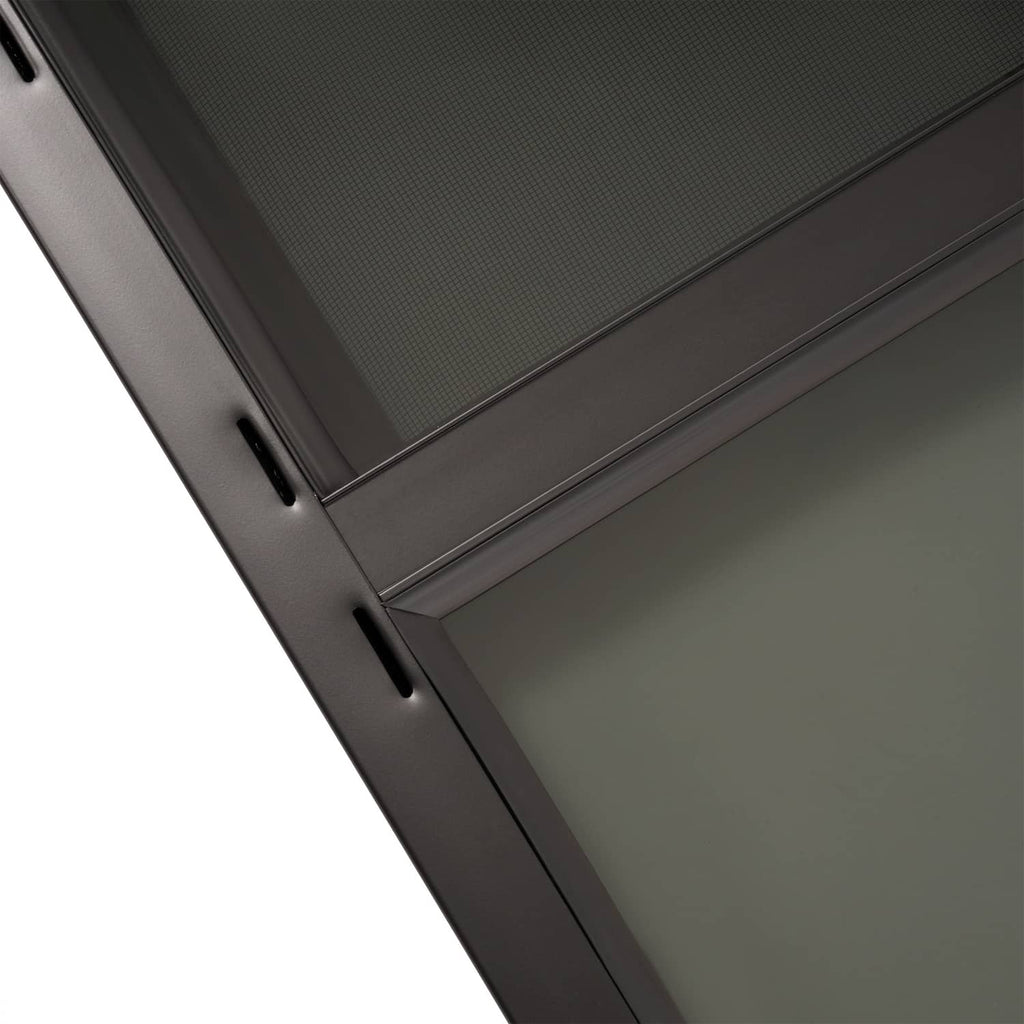 Dark RV window horizontal slider frame corner with screen insert and mounting holes