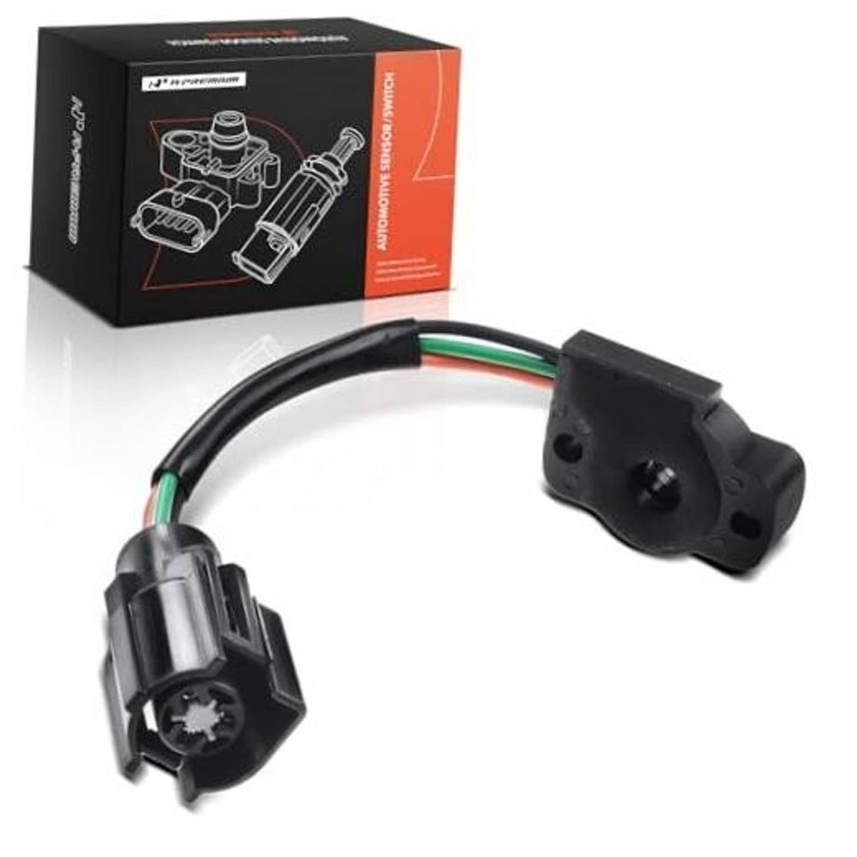 Throttle position sensor with black housing and green-striped wire harness