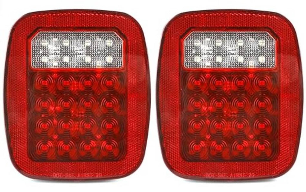 Pair of square red 12V LED tail lights with clear upper lens and red LED array