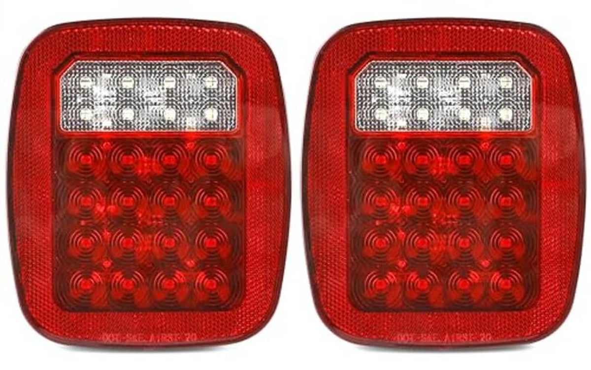Pair of square red 12V LED tail lights with clear upper lens and red LED array
