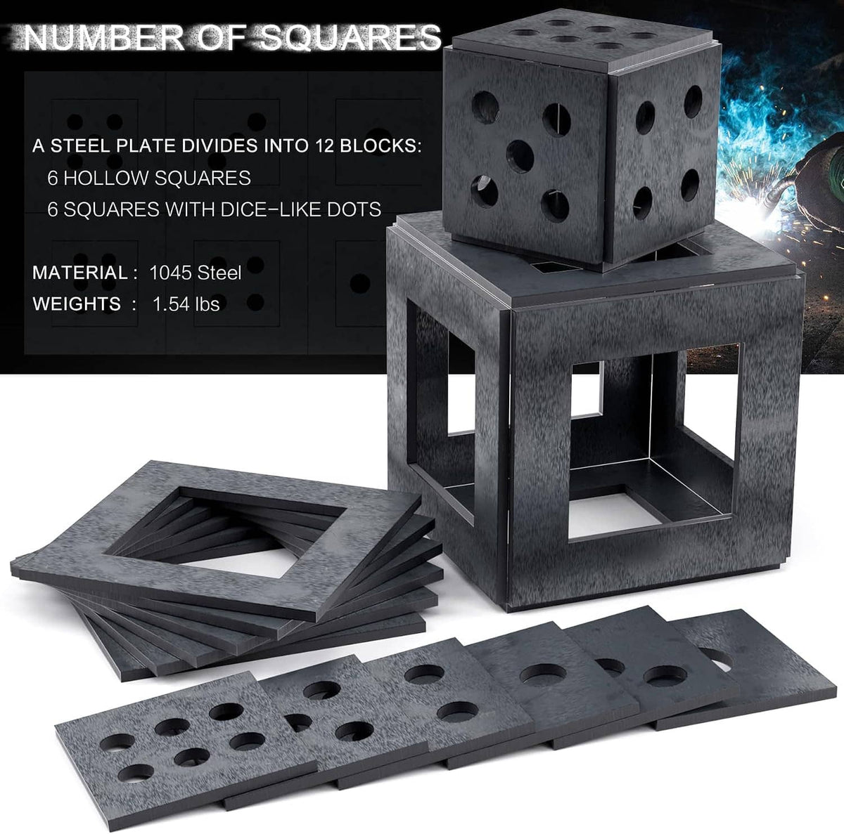 Stacked steel welding practice plates and perforated cube blocks, dark gray