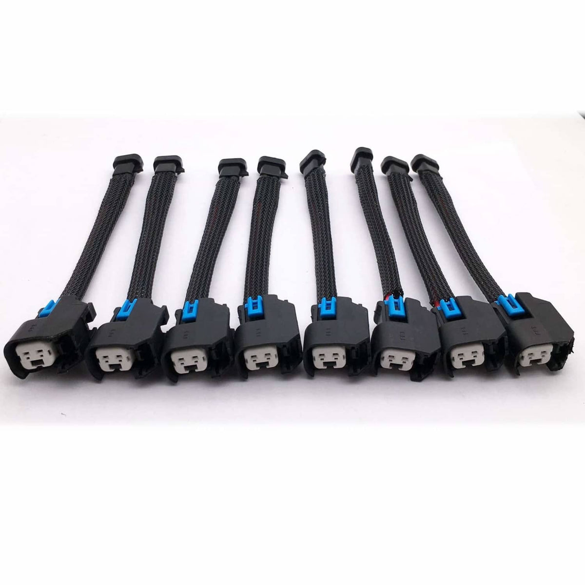Set of 8 fuel injector harness adapter pigtails, black connectors with blue latch tabs